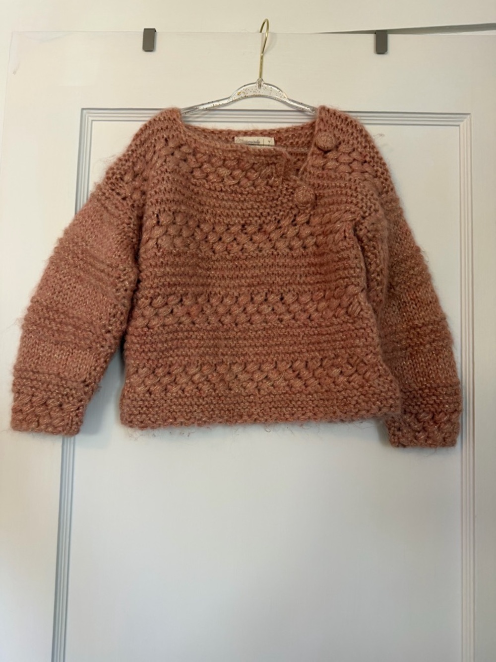 Girl chunky wool sweater - dusty rose and gold